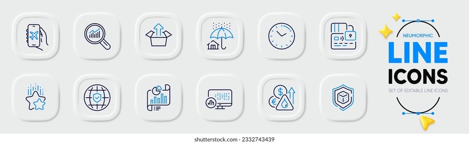 Iconos de línea de estadísticas de tarjetas, documentos de informes e informes para aplicaciones web. Paquete de estrellas de Ranking, Dice, Enviar iconos del pictograma de la caja. Precio del combustible, tiempo, señales de seguro residencial. Modo de vuelo. Vector