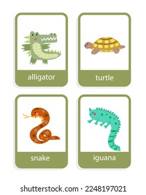 card with reptiles iguana, snake, turtle, alligator vector set