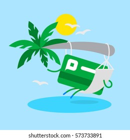 Card resting in a hammock on beach, design flat. Sun, palm trees, seagulls, sea background. Character design.