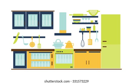 Card with retro, blue, green, orange kitchen interior, cooking utensils - cup, stove, spatula, plate, pot, cupboard, shelf, whisk, grater, teapot, oven, extractor, vector illustration