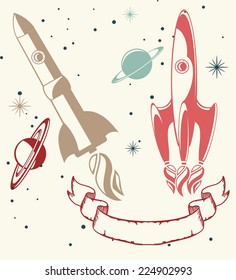 card with retro colorful spaceship seamless pattern