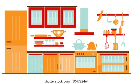 Card with retro, orange, red, blue kitchen interior, cooking utensils - cup, stove, spatula, plate, pot, cupboard, shelf, whisk,  grater, teapot, oven, extractor, vector illustration  
