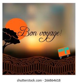 Card with road, bus and text "Happy journey" in french "Bon voyage".