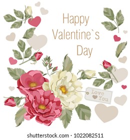 Card with rose flowers. Beautiful roses frame. Roses card design Valentine`s day