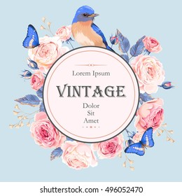 Tarjeta con rosas y pájaro