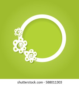 Card with round floral White circle frame with flowers on green background.