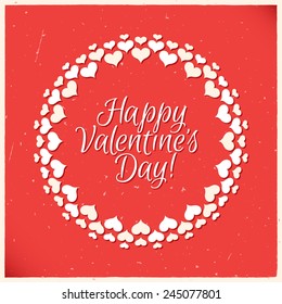 Card with round frame of hearts and text in retro style. Vector illustration.