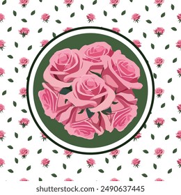 card with a round frame on a background of pink roses and green leaves.