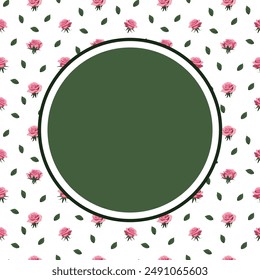 tarjeta con un marco redondo sobre un fondo de rosas rosadas y hojas verdes.
