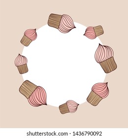 card with round frame and pink cupcake with cream background