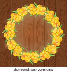 Card with Round Frame. Sea-buckthorn Berries on Wooden Background. Vector Illustration