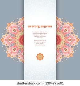 Card with round oriental floral pattern with peacock feathers and paisley. Place for you text