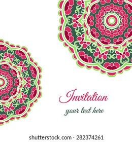 Card with round ornaments made from floral elements. Vector illustration