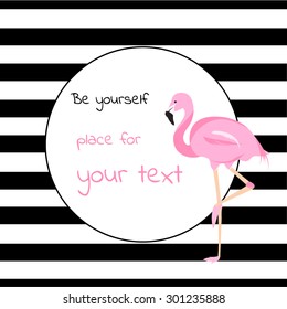 card with round place for text striped with pink flamingos