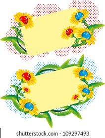 Card rounded banner for writing and congratulations decorated with flowers of chamomile