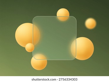 Card with rounded edges made of frosted glass, featuring orange spheres arranged across multiple planes on a dark green background, designed for modern interface and website design.
