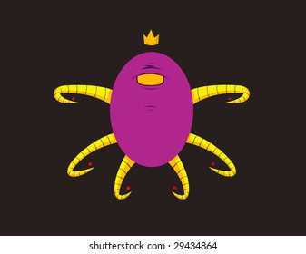 A card of a sad violet alien with a crown isolated
