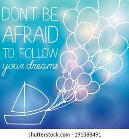 Card with sailboat and balloons on bright blue background