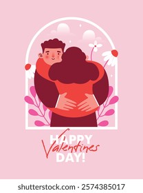 Card to Saint Valentine's Day. Cute couple are standing and hugging. Love concept. Naive vector illustration with kawaii characters of man and woman, lovers among flowers, plants, clouds with text.