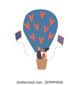 Card for saint valentines day. Young couple in love flying on a hot air balloon. Vector illustration 
