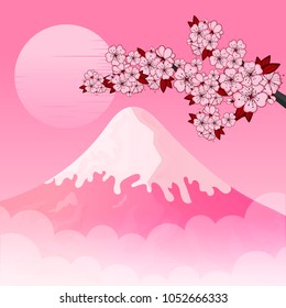 Card with sakura branch, mountain and sun in traditional japanese style on vintage background. Vector illustration.