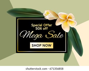 Card for sale with 50% off special offer. Garden tropical plant plumeria. Shop now mega sale  vector tag. Discount banner, frangipani tropical flower and leaves graphic design.