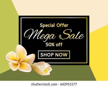 Card for sale garden plumeria blossom with 50% off special offer. Shop now mega sale garden tropical plants vector tag. Discount banner layout, graphic design with frangipani exotic tropical flower. 