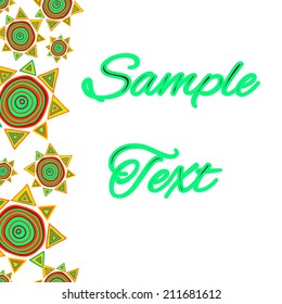 Card with sample text and ornament with ethnic style suns, clipping mask is used, vector illustration