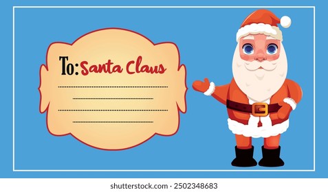 A card with Santa Claus and a place to write a wish. Letter to Santa Claus template.  Place for Christmas gifts for Santa wish list.