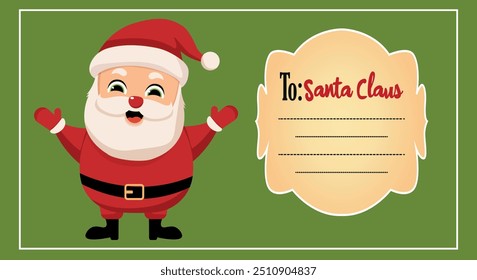 A card with Santa Claus and a place to write a wish. Letter to Santa Claus template. Place for Christmas gifts for Santa wish list.