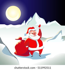 card with Santa Claus in a red suit with white fur. An old man with a white beard. A bag with presents. Sunset. New year's night.