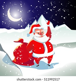 card with Santa Claus in a red suit with white fur. An old man with a white beard. A bag with presents. Sunset. New year's night.