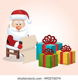 card santa claus sitting with boxes gift list isolated