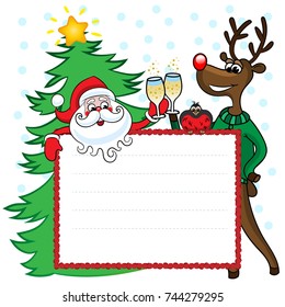 Card with Santa and deer drinking shampaigne. Frame for felicitation.Suitable for Christmas and New Year card. Vector illustration.