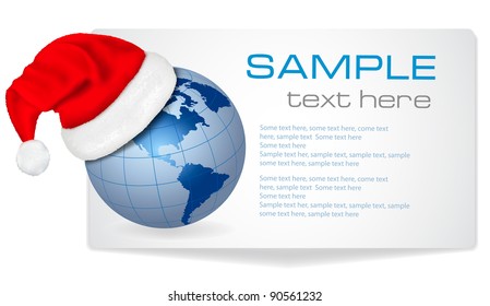 Card with Santa hat on a globe. Vector illustration.