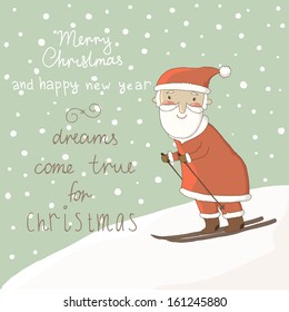 Card with Santa on skis. New Year greeting card design.