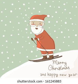 Card with Santa on skis. New Year greeting card design.