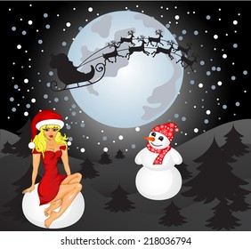 Card with Santa, Snowman and Snow Maiden. vector