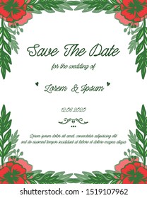 Card save the date, with elegant bright red flower frame. Vector