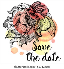 Card Save the date with stylized flowers and watercolor background