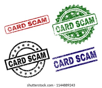 CARD SCAM seal prints with corroded style. Black, green,red,blue vector rubber prints of CARD SCAM tag with corroded surface. Rubber seals with round, rectangle, medallion shapes.