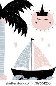 Card in scandinavian style with composition of palm, ocean, boat, hearts and sun. Vector illustration with white background. Can be used as poster, background, postcard, card, banner