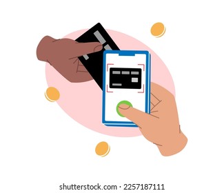 Card scanning for mobile banking payment. Smartphone with online transaction. Mobile banking app and e-payment. Online banking. Wireless NFC payments.