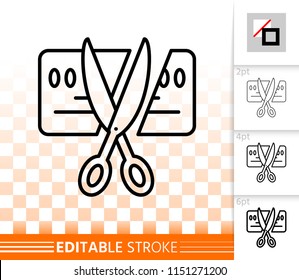 Card scissors cut thin line icon. Outline sign of bankrupt. Being insolvent linear pictogram with different stroke width. Simple transparent vector symbol. Card cut editable stroke icon without fill