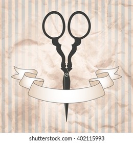 Card with  scissors and ribbon on striped background. Vintage style vector illustration.