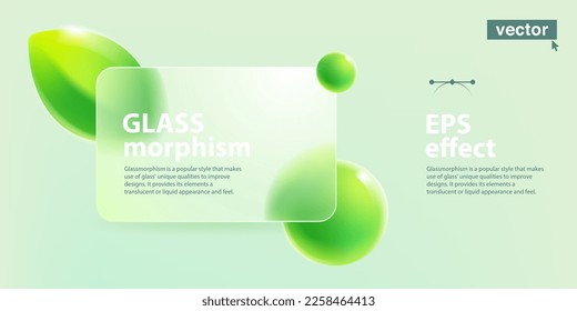 Pantalla de tarjeta en efecto de glasmorfismo. Plantilla ecológica. Vidrio mate con hojas y esferas verdes flotantes y borrosas. Vector de aplicación natural, identidad agrícola, banner de verano, diseño orgánico.