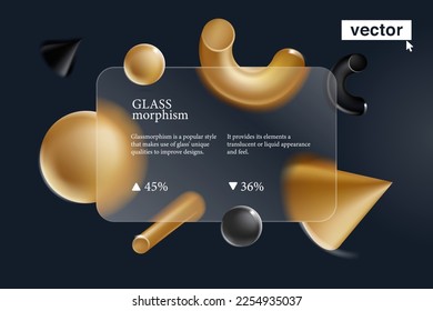 Pantalla de tarjeta en efecto de glasmorfismo. Ilustración con formas doradas flotantes y borrosas sobre fondo oscuro. Diseño perfecto para glamour app, banner de moda, fondo de lujo, presentación de joyas.