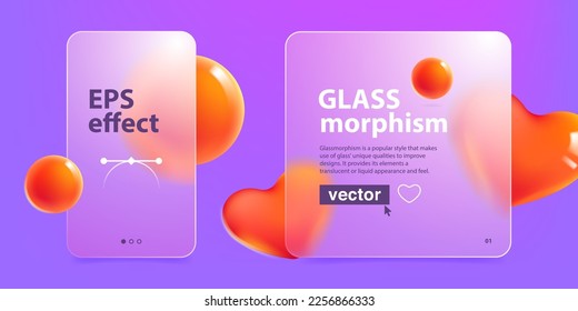 Card screens in glassmorphism style. Frosted matte screen with blurred red hearts and spheres. Vector template for Valentine's Day banner, medical art, wedding presentation, health app, gift adv.