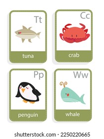 card with sea animals whale, penguin, crab, tuna,  vector set