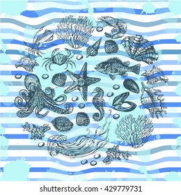 Card with sea motifs. Illustration for greeting cards, invitations, and other printing projects.